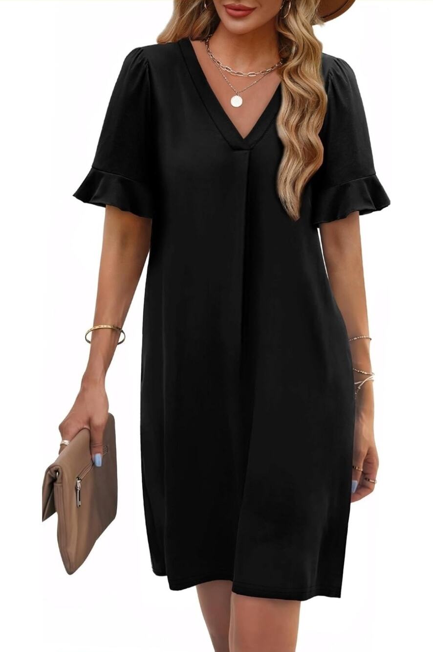 OFEEFAN Black Summer Shift Dress Womens XXL Ruffle Short Sleeve V Neck Casual